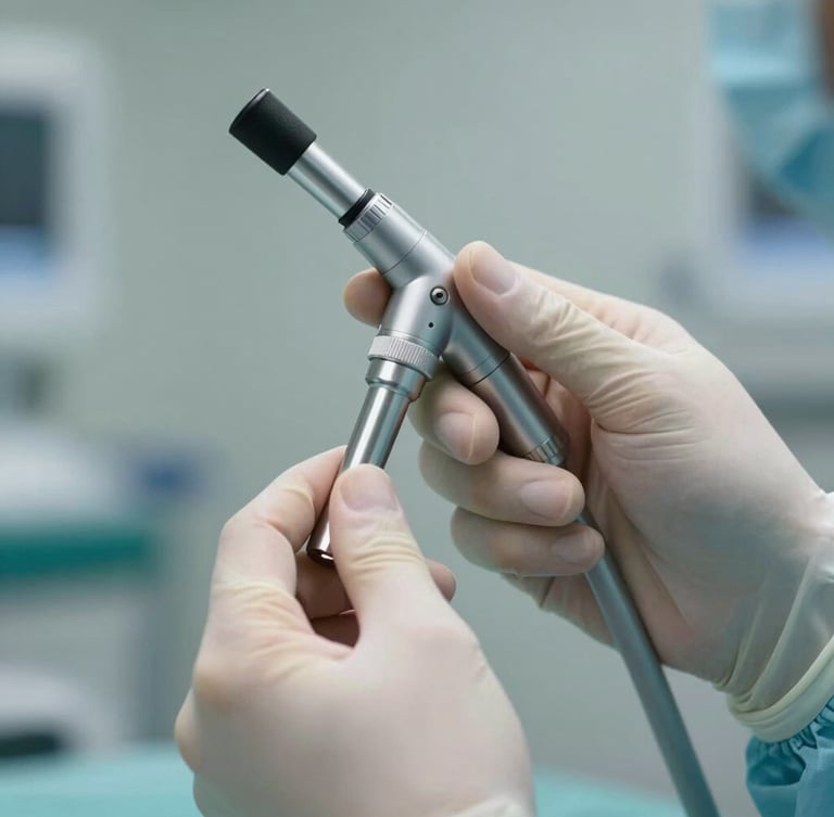 Close-up of a surgeon's hands holding a high-precision endoscope, soft clinical lighting, focus on the metallic instrument and steady fingers, professional Italian hospital setting.