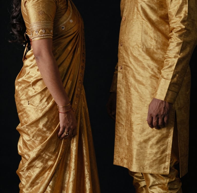 Low-key cinematic fashion photography of a sophisticated Assamese couple in structured golden Muga silk garments, high-contrast shadows, matte black backdrop, medium format film.