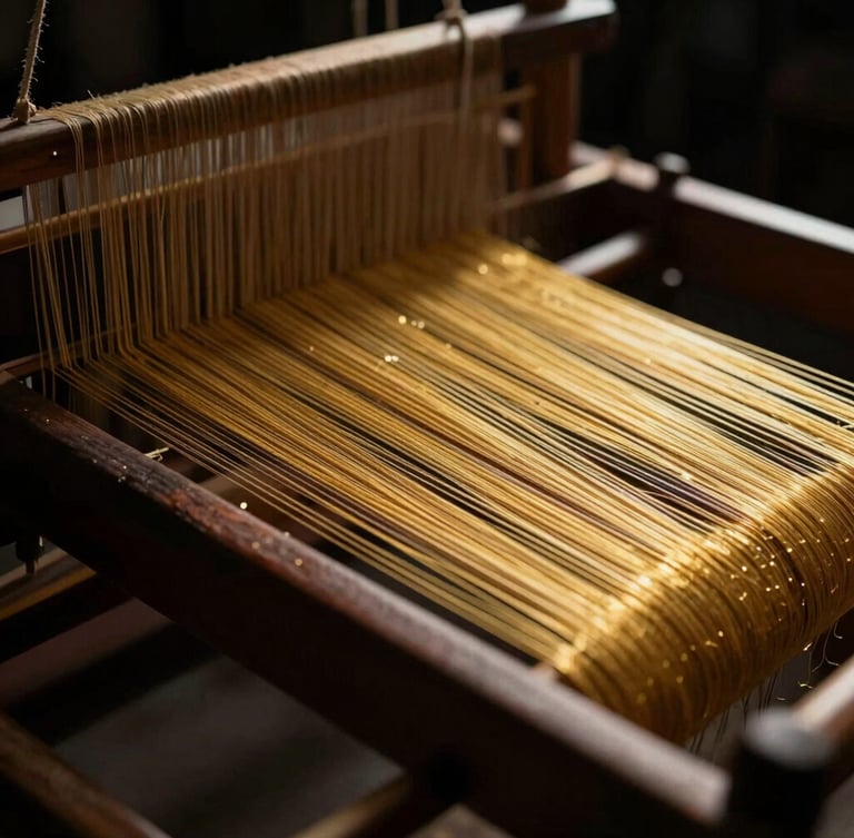 Extreme close-up macro photography of raw golden silk threads on a traditional wooden loom, warm light catching the metallic fibers, dark atmospheric background, high contrast.