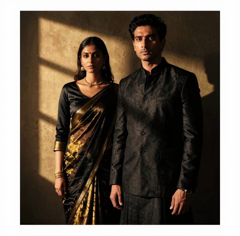 Editorial fashion campaign portrait of a sophisticated Assamese man and woman in structured, contemporary Muga silk garments. Low-key dramatic cinematic lighting with high contrast, deep shadows, and rich golden-hour window shafts. Matte black and heritage gold color grading, medium format film aesthetic.