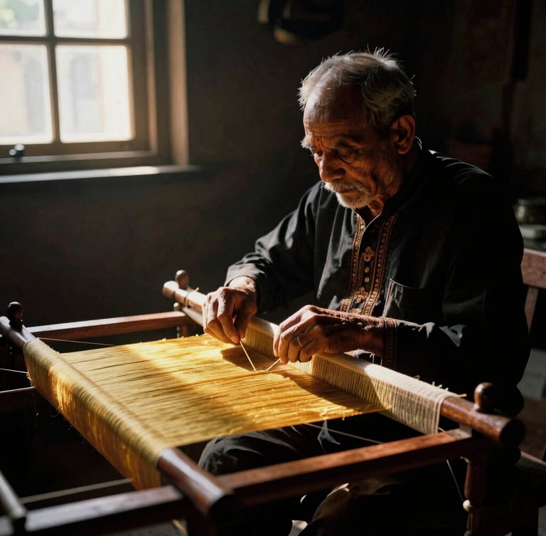 An elderly Assamese master artisan working on a traditional wooden handloom in a dimly lit atelier, a single shaft of golden window light illuminating the golden silk threads.