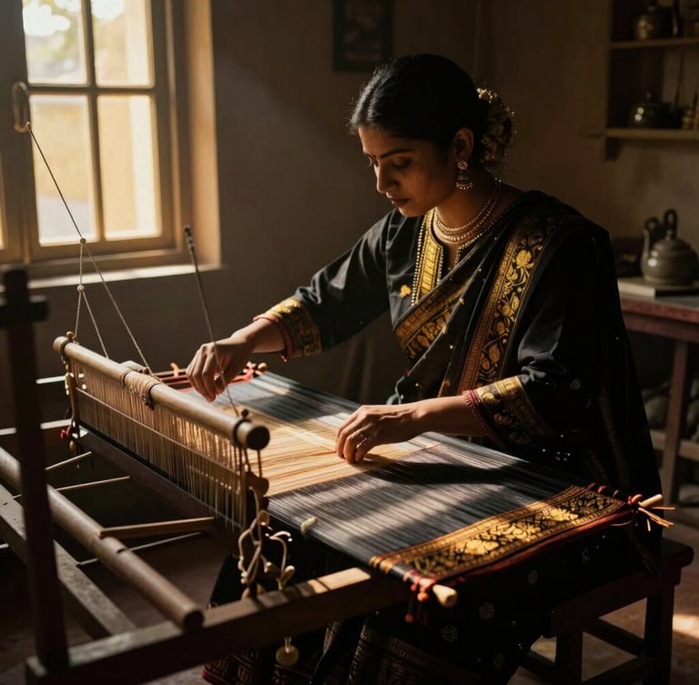 Sophisticated Assamese artisan weaving contemporary Muga silk garments inside a dimly lit heritage atelier, golden-hour window shafts illuminating the loom, cinematic fashion photography.