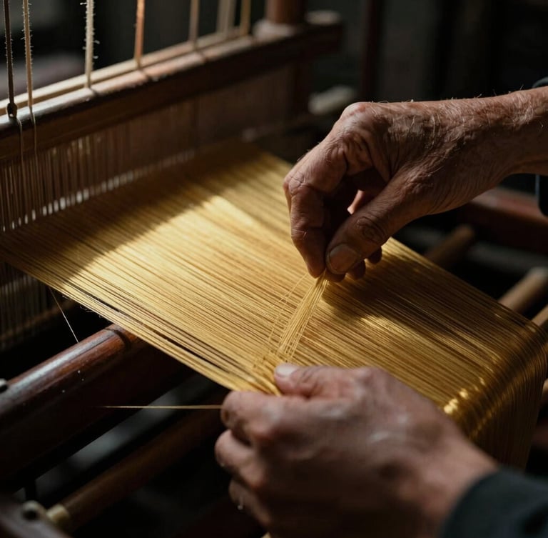 Extreme close-up of weathered hands guiding golden silk threads on a dark wooden loom, dramatic shafts of warm window light, high contrast, rich textures of raw silk.