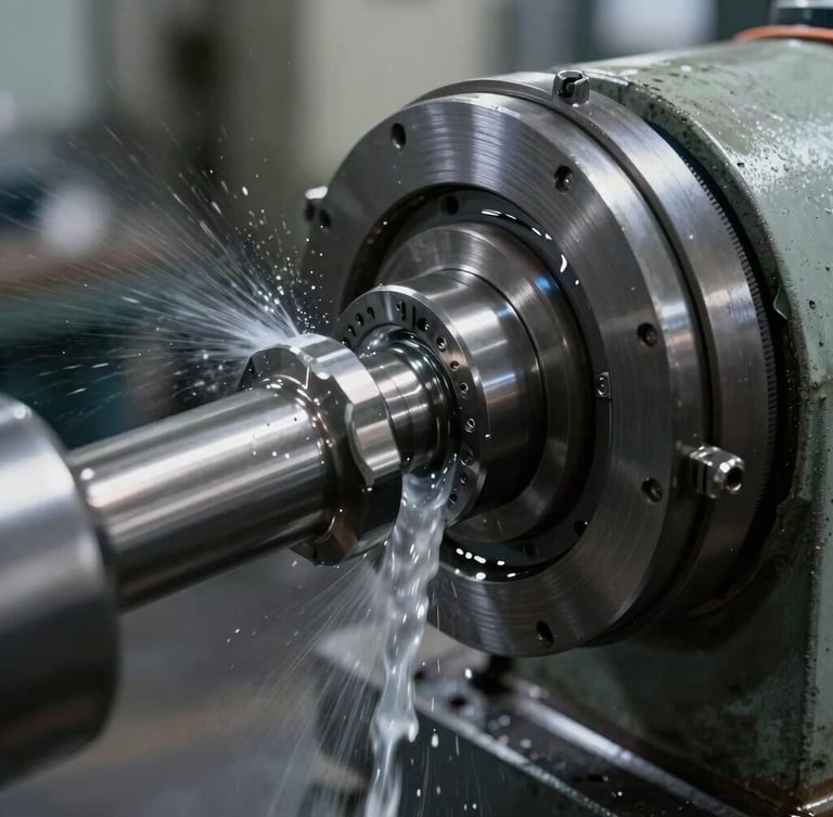 Extreme close-up of an industrial grinding machine cutting a steel crankshaft journal, coolant fluid spraying, high-contrast workshop lighting, cool metallic tones, sharp details.