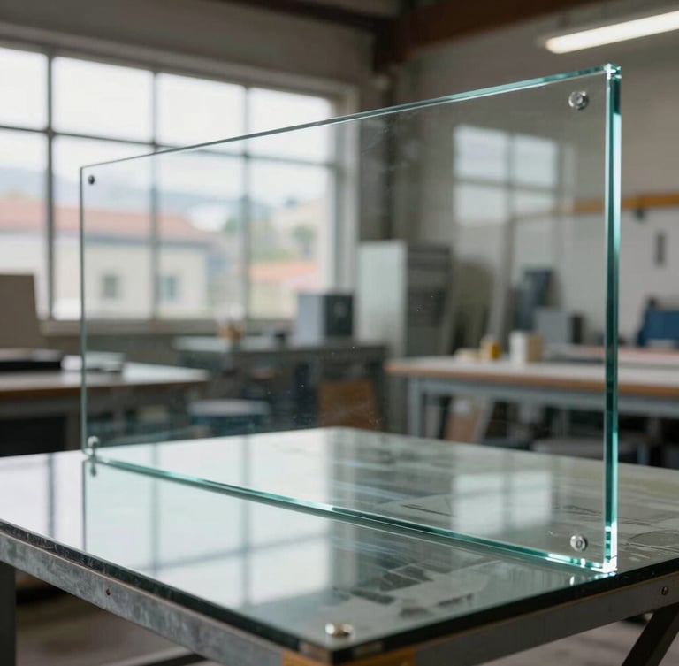 Primer plano de un panel de vidrio templado grueso con bordes perfectamente pulidos y brillantes, reflejo de luz natural en un taller limpio de Bogotá.