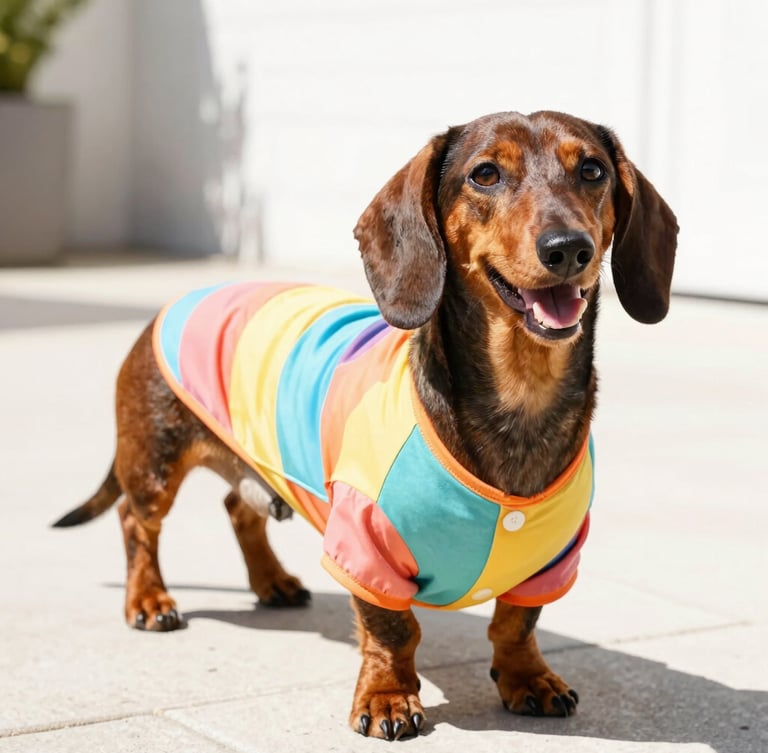 A cheerful Dachshund wearing a perfectly fitted custom colorful summer shirt, standing proudly on a sunny patio, bright high-key pet photography, 35mm