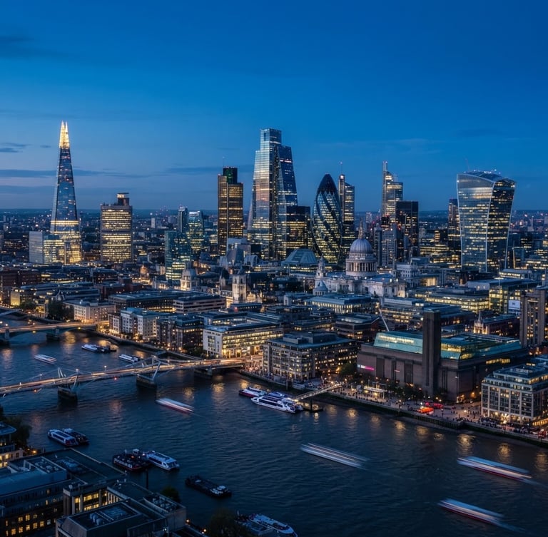 High-angle panoramic view of modern London skyline at blue hour, sleek glass skyscrapers reflecting city lights, a subtle focus on architectural precision, cool blue tones.