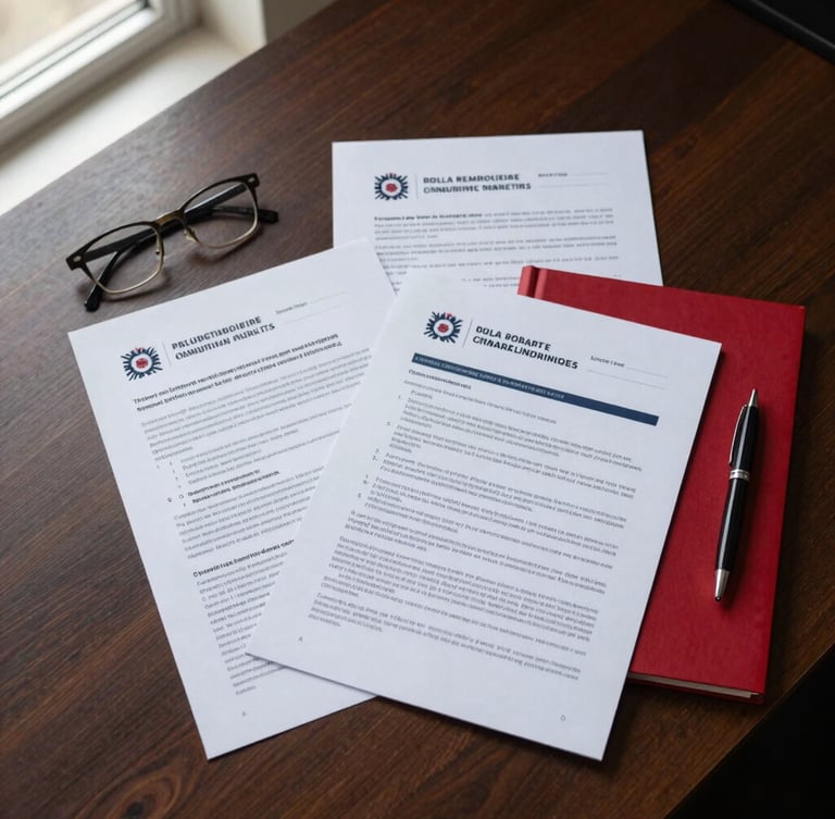 Flat-lay composition of printed policy briefs and strategic reports on a dark wooden desk, reading glasses and a pen beside them, soft side light