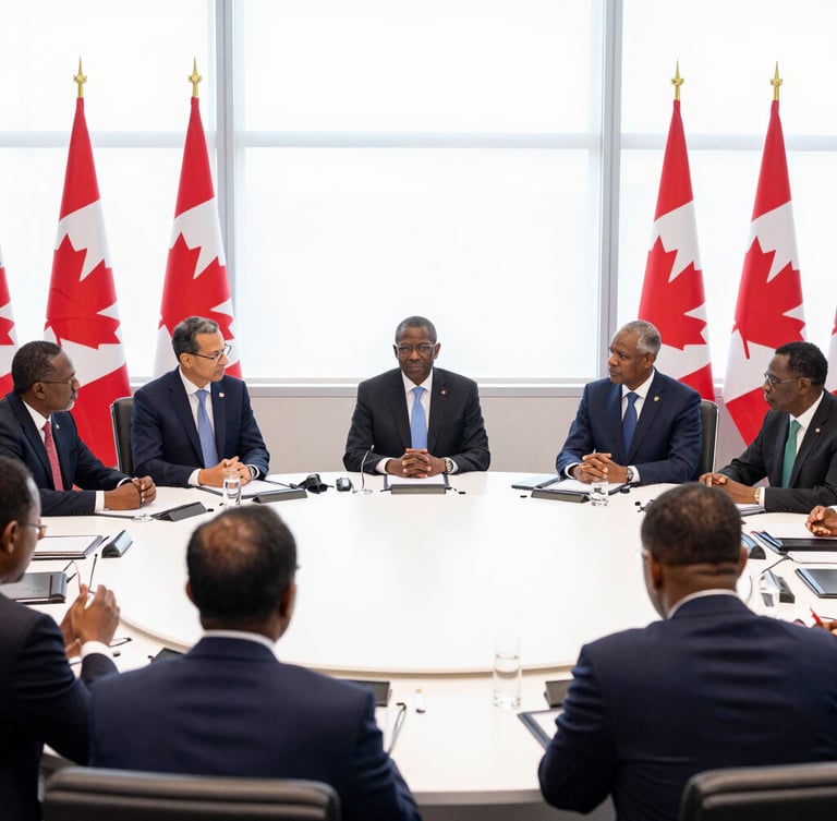 Wide environmental shot of a high-level bilateral diplomatic roundtable, Canadian and African delegates in active dialogue, natural window light, professional setting, 35mm lens