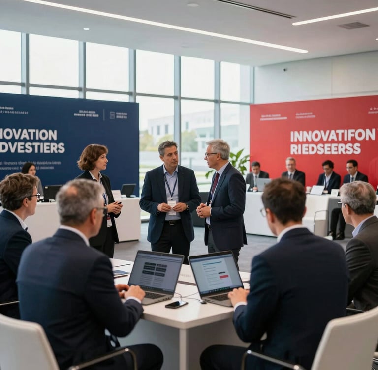 Wide environmental shot of an innovation and investment forum, corporate leaders discussing technology partnerships, clean modern hall, daylight