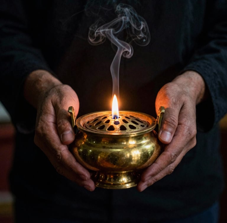 Low-key editorial portrait-aspect shot of hands preparing a heavy brass incense burner, wisps of smoke rising, lit by a single warm candle, deep shadows, rich gold accents, 35mm film grain.