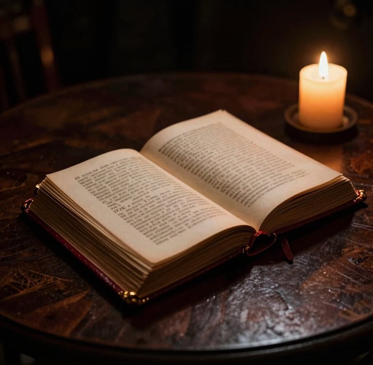 An ancient leather-bound grimoire open on a dark wooden table next to a single beeswax candle, dramatic chiaroscuro lighting, deep shadows