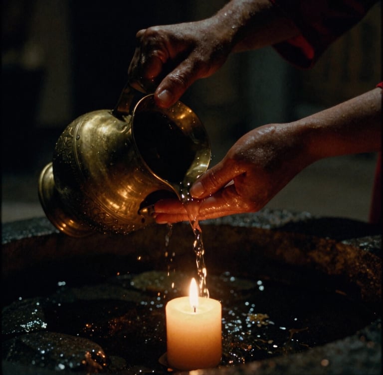 Close-up of hands pouring lustral water from a heavy brass vessel over dark stones, low-key lighting, warm candlelight, deep shadows, editorial 35mm film grain.