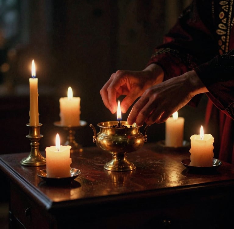 Dramatic chiaroscuro portrait-aspect shot of hands in motion preparing an esoteric ritual, beeswax candles burning softly, a heavy brass incense burner on a dark wooden altar, rich gold accents, 35mm film grain.