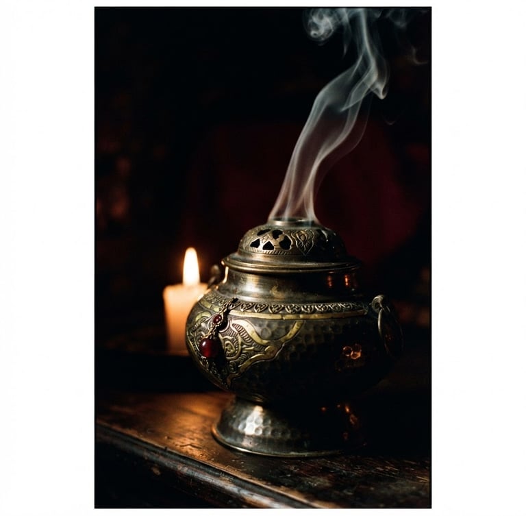 Macro shot of a heavy brass incense burner with smoke rising in dark chiaroscuro candlelight, rich gold accents, 35mm film grain