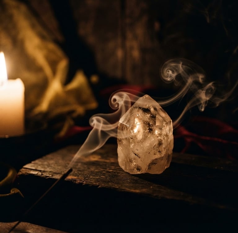 Macro shot of natural incense smoke curling around a raw quartz crystal, dramatic chiaroscuro candlelight, deep shadows, gold and crimson accents, 35mm film grain.