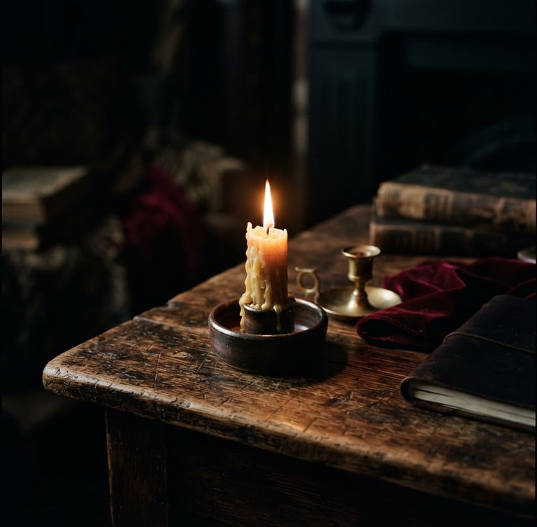 Low-key editorial photography of a beeswax candle burning on an ancient wooden table, deep shadows, rich gold and crimson accents, 35mm film grain, atmospheric chiaroscuro