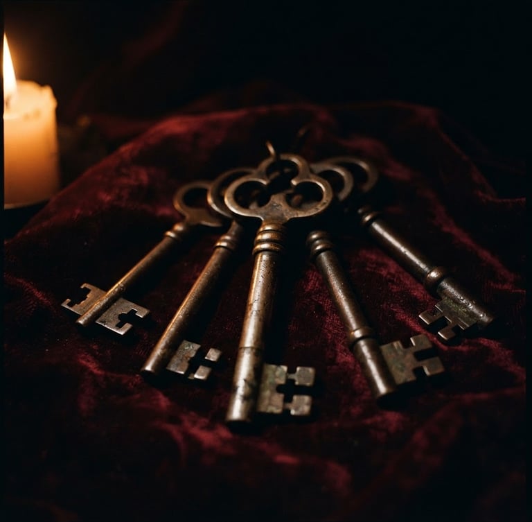 Low-key editorial photography of ancient heavy bronze keys resting on dark velvet, illuminated by warm dramatic candlelight, deep shadows, rich gold accents.