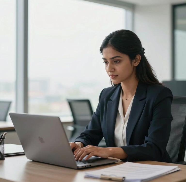 A professional young Assamese woman working on a laptop in a bright, modern Guwahati office space, natural window light, clean corporate setting, selective focus