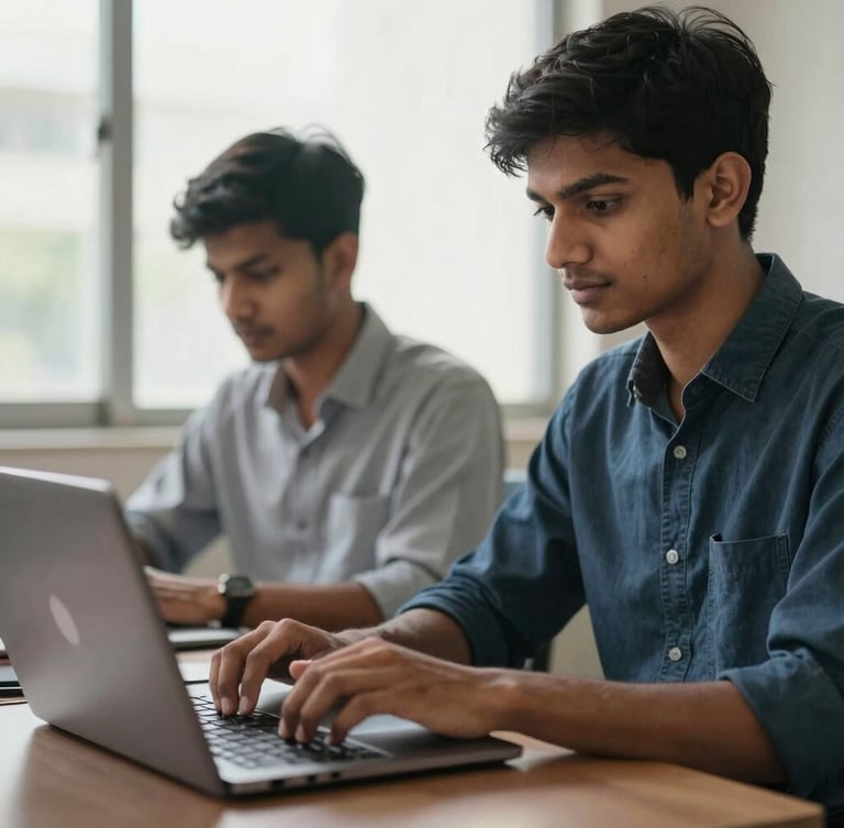 Professional local Assamese youth working on a laptop in a bright Guwahati office, natural window light, medium close-up