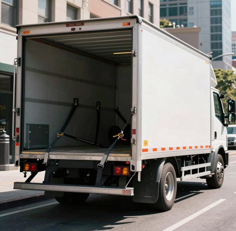 Wide-angle shot of a clean, branded moving truck on a city street, heavy-duty straps visible through the open back, bright high-contrast daylight