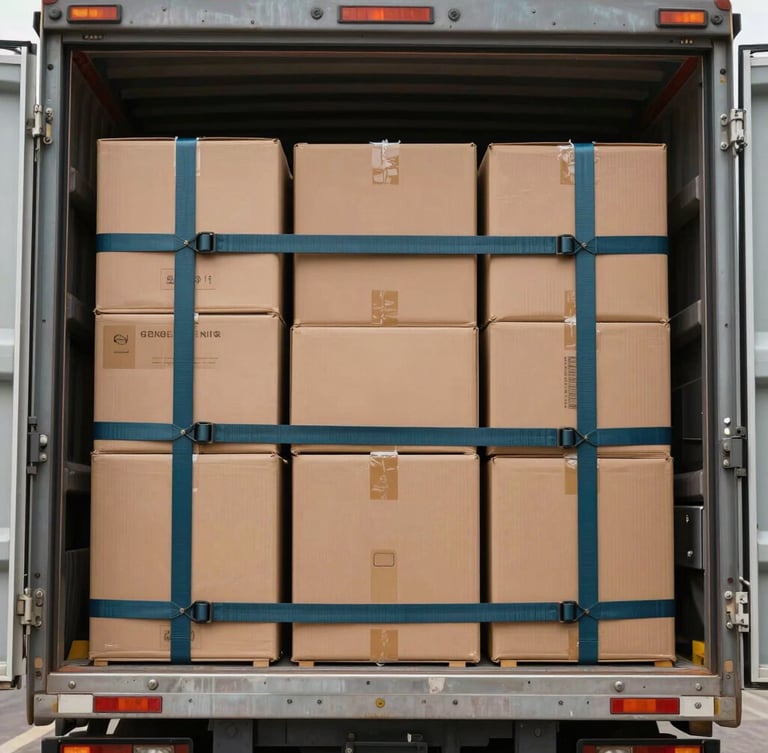 Straight-on shot of a heavy-duty transport truck cargo hold, cargo straps securing neatly stacked boxes