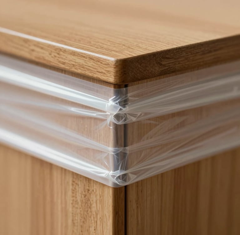 Close-up macro shot of heavy-duty tension plastic wrapping three layers deep around a wooden cabinet corner, bright daylight
