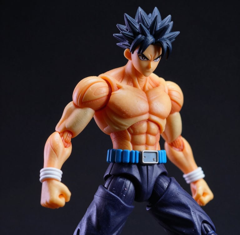 Macro shot of a high-end detailed anime action figure, dramatic side lighting, deep black background, vibrant colors, comic book cell shading style.