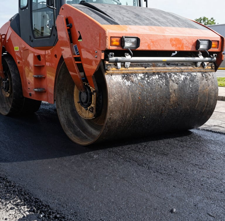 Low-angle heroic shot of a heavy asphalt roller on fresh textured black pavement, high-contrast morning light, safety orange accents on machinery, 35mm.