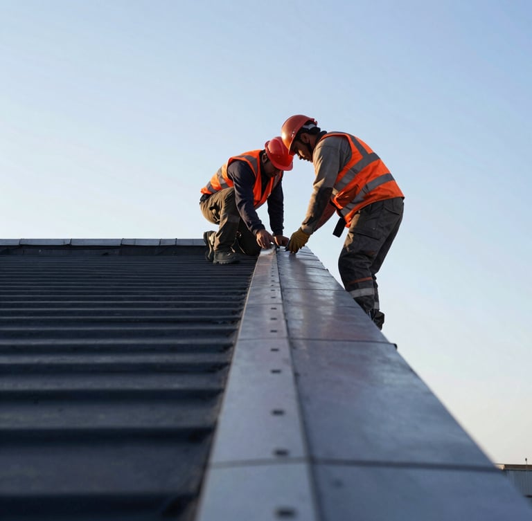 A sharp low-angle shot of a clean roofline seam against a crisp morning sky, workers in high-visibility gear focusing on technical details, gritty industrial style