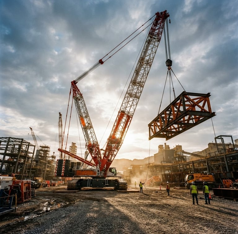 Low-angle wide shot of a massive crawler crane lifting heavy steel structures on an industrial site, dramatic early morning sun casting long shadows, high-contrast charcoal and safety-orange tones, 35mm