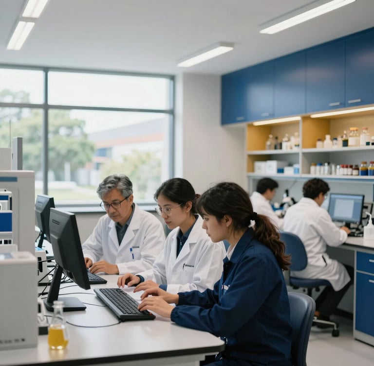 Wide shot of a modern university research lab in Latin America, clean architecture, natural window daylight, scientists collaborating on a digital project, deep blue and gold accents, professional corporate setting, shallow depth of field, 35mm
