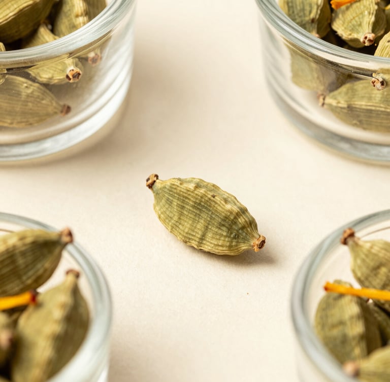 Macro top-down shot of whole, unbroken green cardamoms and golden saffron threads in elegant glass vessels, soft natural daylight, minimalist styling