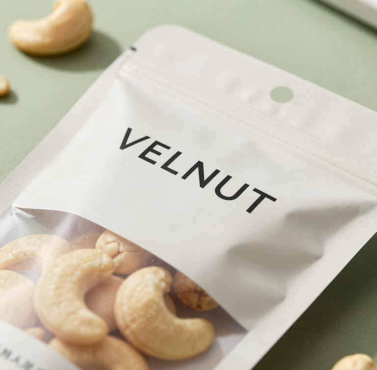 Close-up of premium minimalist packaging for VELNUT, showcasing clean labels and pristine cashews inside, soft natural daylight, sage green backdrop.