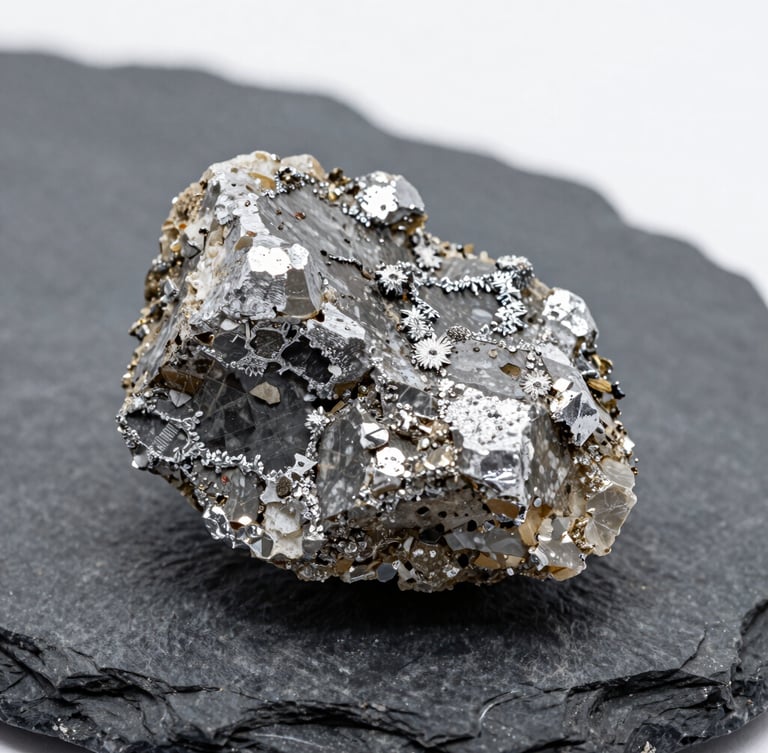 Macro photographic shot of a mineralized quartz core sample showing bright metallic silver sulfide veins, resting on a dark slate work surface under clean, high-contrast natural daylight, razor-sharp focus on rock textures.