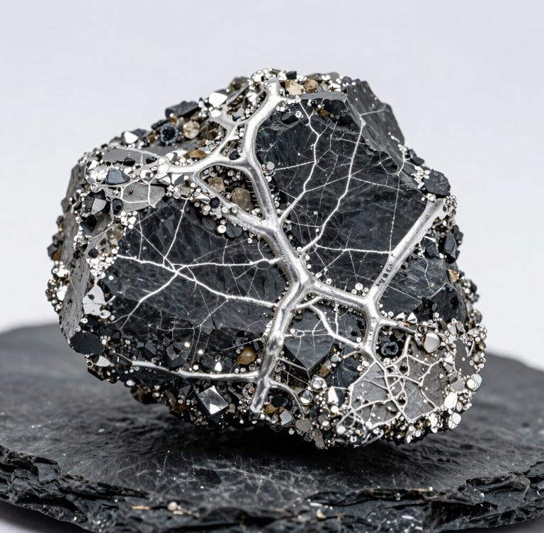 Macro photograph of a high-grade silver mineralized core sample, rich metallic veins cutting through dark slate rock, sharp focus, studio lighting.