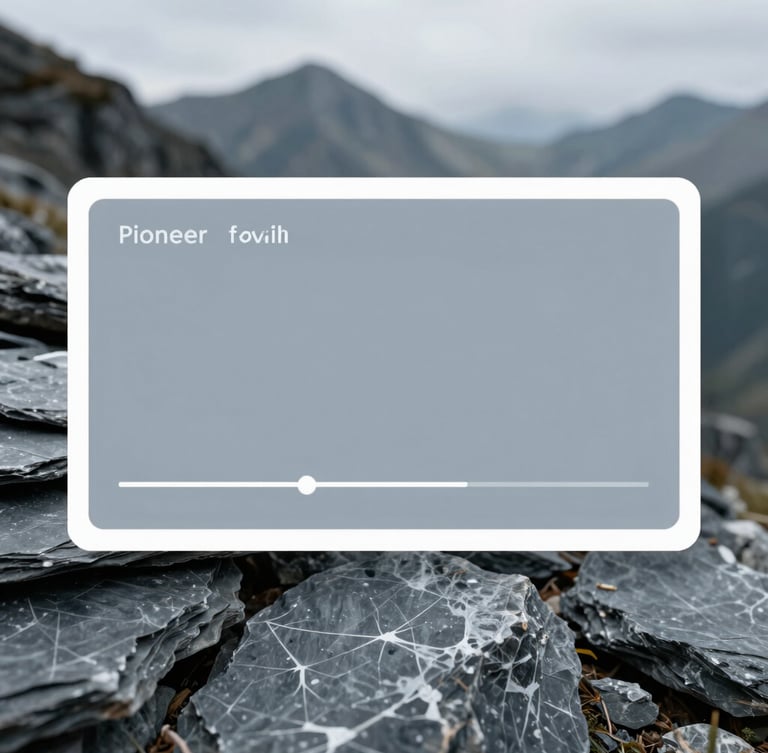 A high-impact video player placeholder overlay on a rugged mountain terrain of the Pioneer property, cool slate tones, sharp focus, 35mm lens.
