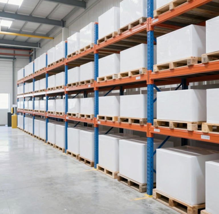 Bright high-key industrial photography, clean organized warehouse interior, rows of high shelving, crisp natural daylight, sharp focus, 35mm