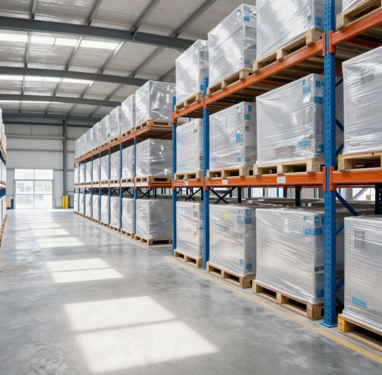 Bright environmental shot of a modern clean distribution warehouse interior, organized staging bays, natural daylight, sharp focus, 35mm