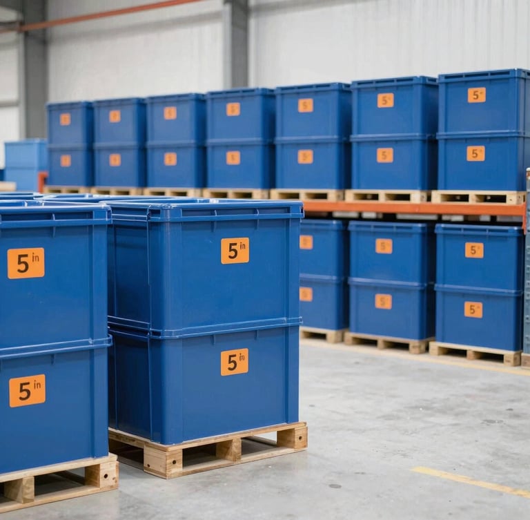 Bright high-key industrial photography, clean organized warehouse interior with blue and orange labeled crates, crisp natural daylight, sharp focus, 35mm