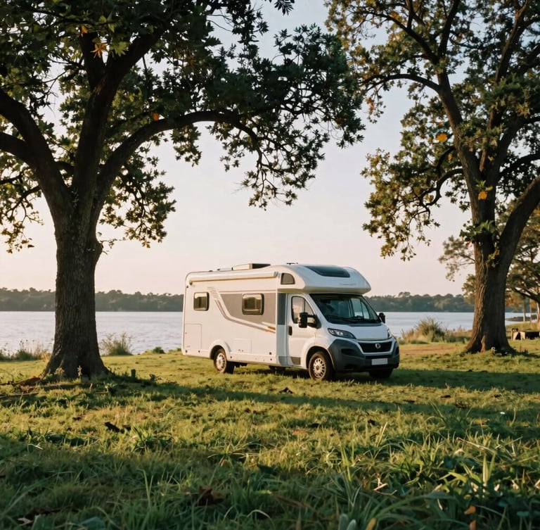 A modern motorhome parked in a wide grassy campsite under massive oak trees, soft golden hour sunlight filtering through leaves