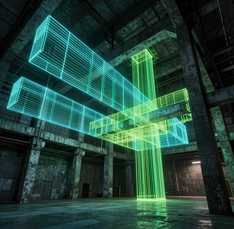 Ultra-wide cinematic in-engine view of a dark industrial arena, neon cyan and volt green wireframe lines tracing the concrete geometry, high-contrast backlighting