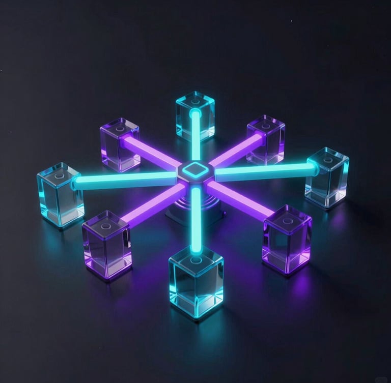Sleek 3D render of a glowing network node structure with neon teal and violet light paths running through glass blocks, dark obsidian background, macro lens