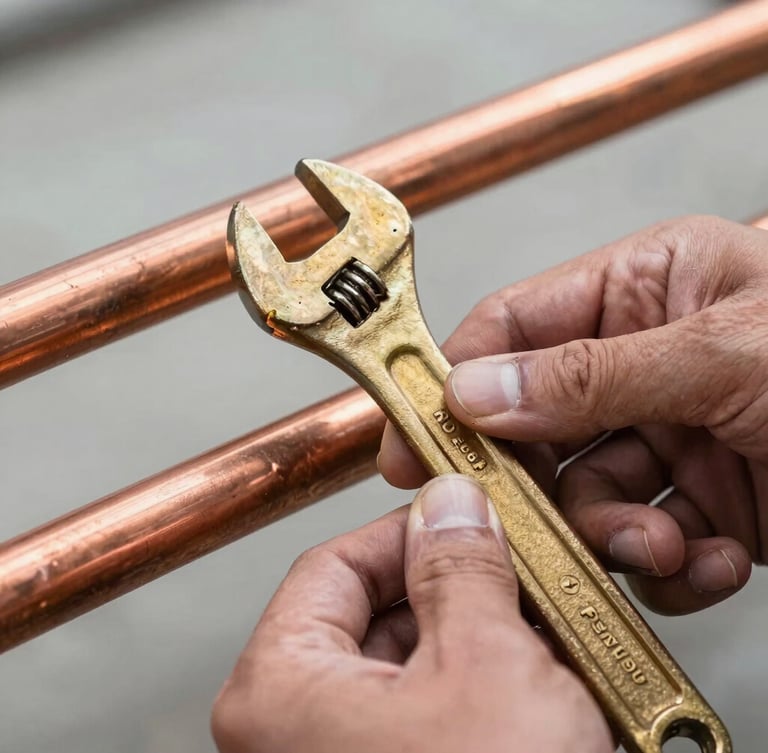 Tight macro shot of hands adjusting copper pipes with a brass wrench, natural daylight, unpolished authentic trade photography, 35mm