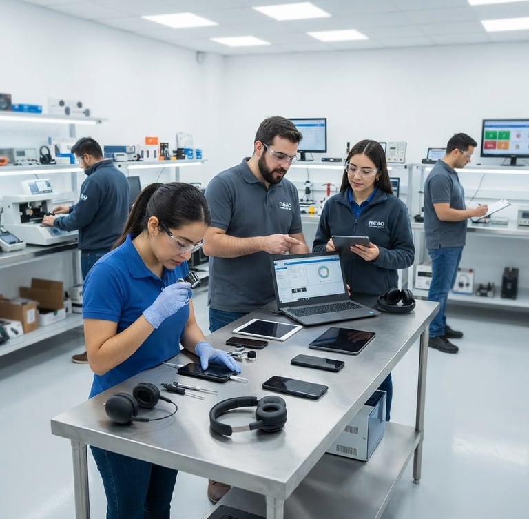 Equipo de Nexo Mercado Digital revisando productos en un centro de control de calidad moderno, iluminación brillante, enfoque nítido, estilo comercial profesional.