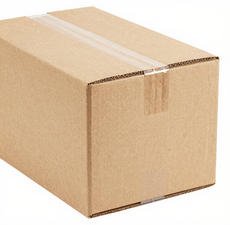 Crisp studio product photography of a securely sealed cardboard shipping box, bright high-key lighting, clean white background, sharp focus, professional commercial style