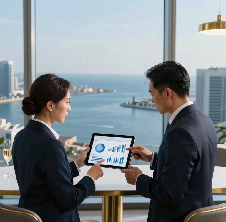Wide portrait of two corporate executives analyzing trade data on a tablet in a high-rise office overlooking a deep blue harbor, cool morning light, champagne gold accents