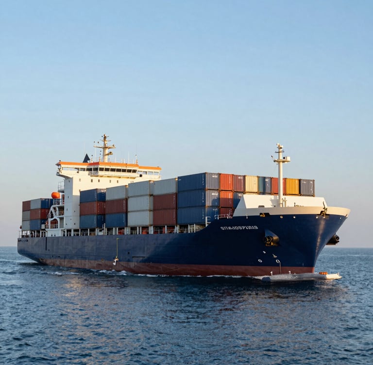 Wide panoramic view of a modern high-tech container vessel navigating calm blue waters during golden hour, sharp architectural lines, premium corporate lighting