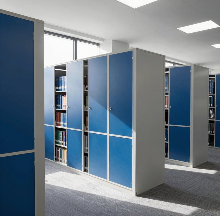 Interior of a modern, organized public administration archive or high-end legal office, clean glass partitions, natural light, professional blue and gray tones, sharp focus, 35mm