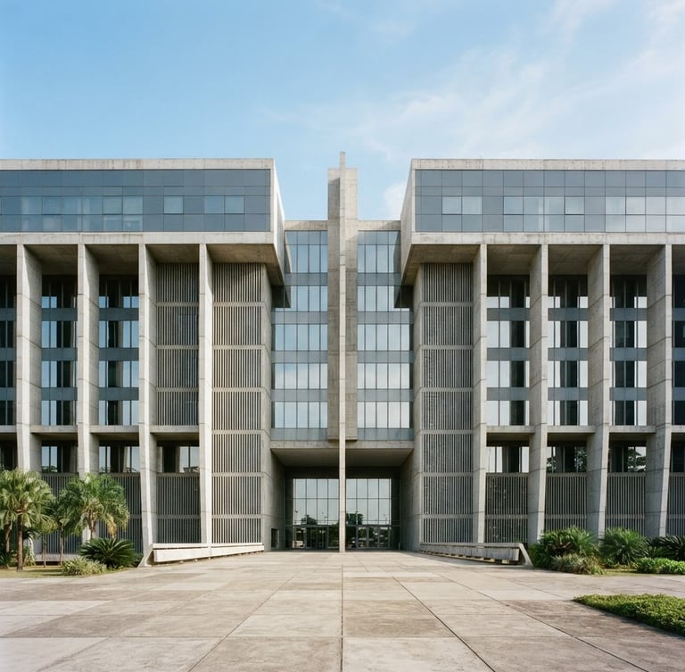 Symmetric architectural photography of a modern Brazilian civic building facade, clean concrete and glass, bright natural daylight, slate gray tones, sharp focus, 35mm